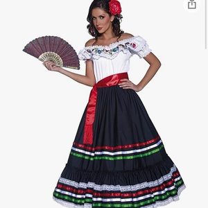 Authentic Western Sexy Senorita Costume, Black & White, with Dress and Sash